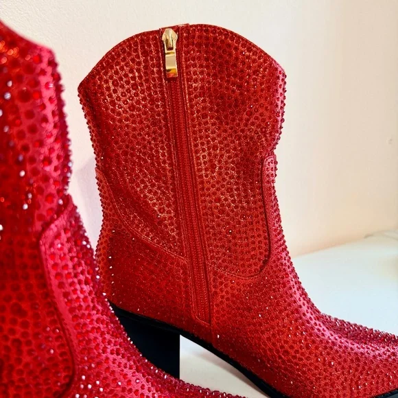 * Berness Sexy Red Rhinestones 3" Block Heel Cowboy Boots - Picture 3 of 10